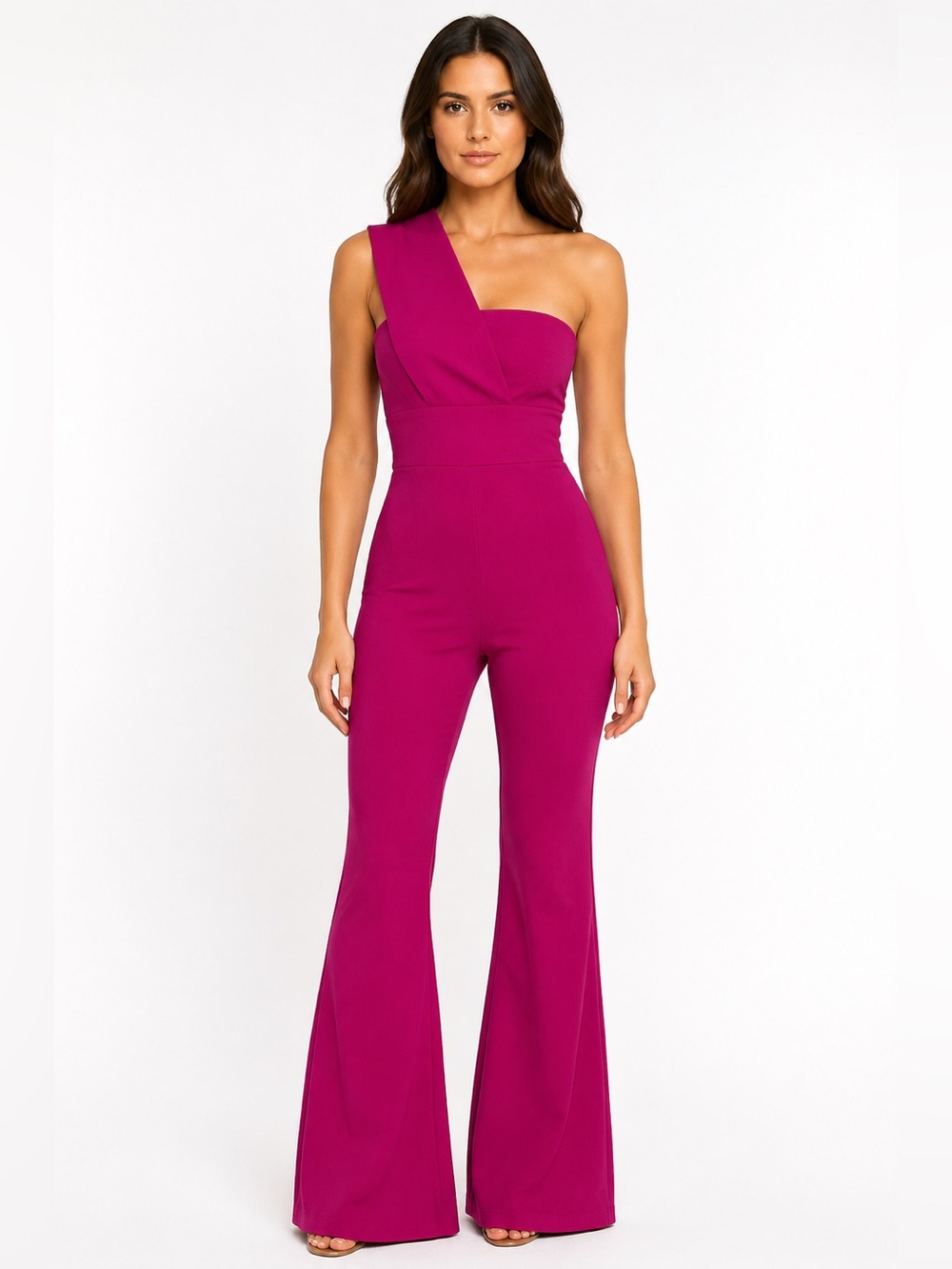 NWT PrettyLittleThing Pink One Shoulder Flare Leg Jumpsuit Size 6 Hot Pink